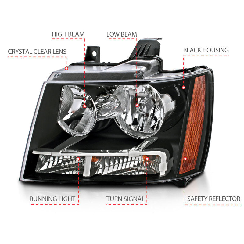 ANZO 2007-2014 Chevrolet Tahoe/Suburban Crystal Headlights Black 111392