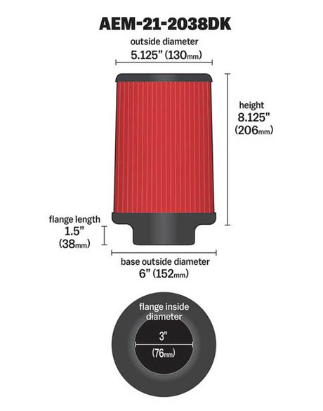 AEM 3 inch Short Neck 8 inch Element Filter Replacement 21-2038DK