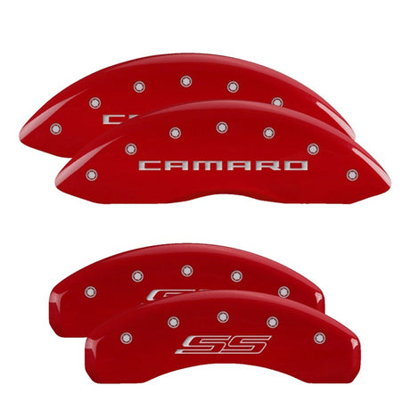 MGP 4 Caliper Covers Engraved Front Gen 5/Camaro Engraved Rear Gen 5/SS Red finish silver ch 14036SCS5RD