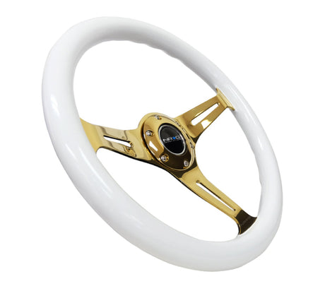 NRG Classic Wood Grain Steering Wheel (350mm) White Grip w/Chrome Gold 3-Spoke Center ST-015CG-WT