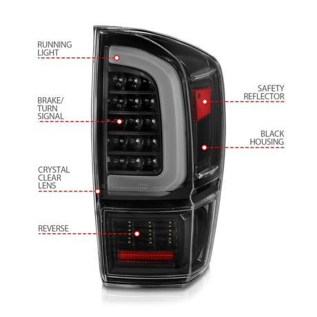 ANZO 16-21 Toyota Tacoma LED Tail Lights - w/ Light Bar Sequential Black Housing & Clear Lens 311400