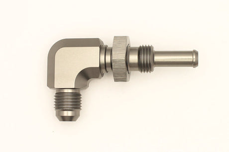 DeatschWerks 6AN Male Flare To 5/16in. Male Barb Bulkhead Adapter 90-Degree (Incl. Nut) 06-02-0712