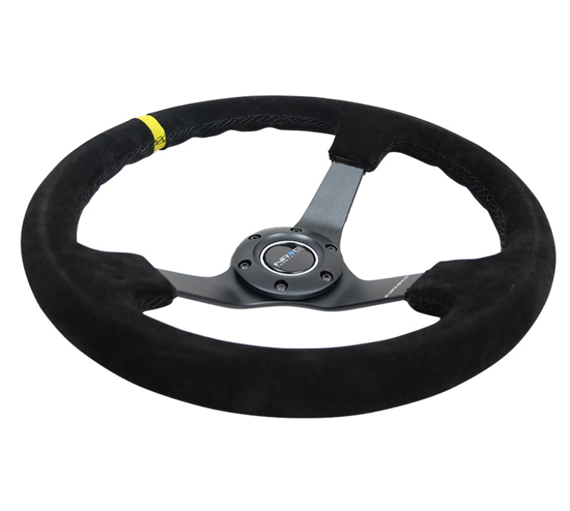 NRG Reinforced Steering Wheel (350mm / 3in. Deep) Blk Suede/X-Stitch w/5mm Blk Spoke & Yellow CM RST-036MB-S-Y