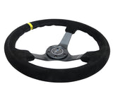 NRG Reinforced Steering Wheel (350mm / 3in. Deep) Blk Suede/X-Stitch w/5mm Blk Spoke & Yellow CM RST-036MB-S-Y
