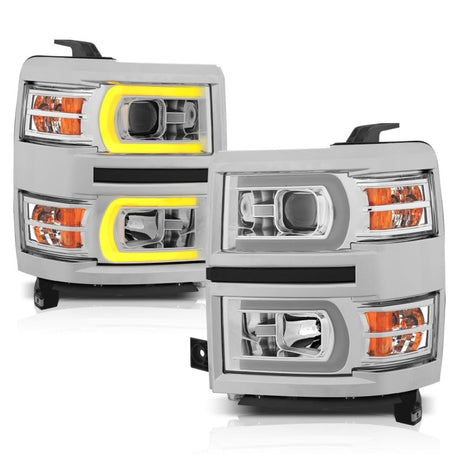 ANZO 14-15 Chevrolet Silverado 1500 Projector Headlights w/ Plank Style Switchback Chrome w/ Amber 111413