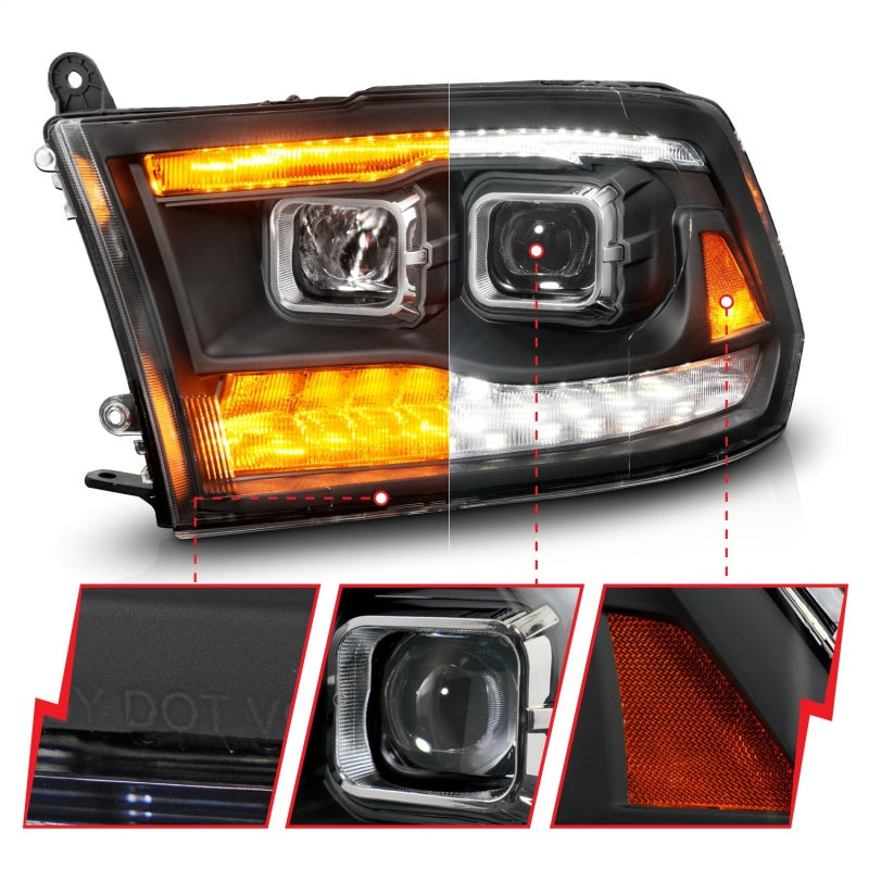 ANZO 09-18 Dodge Ram 1500/2500/3500 Proj HL Headlights Switchback + Sequential - Black Amber 111611