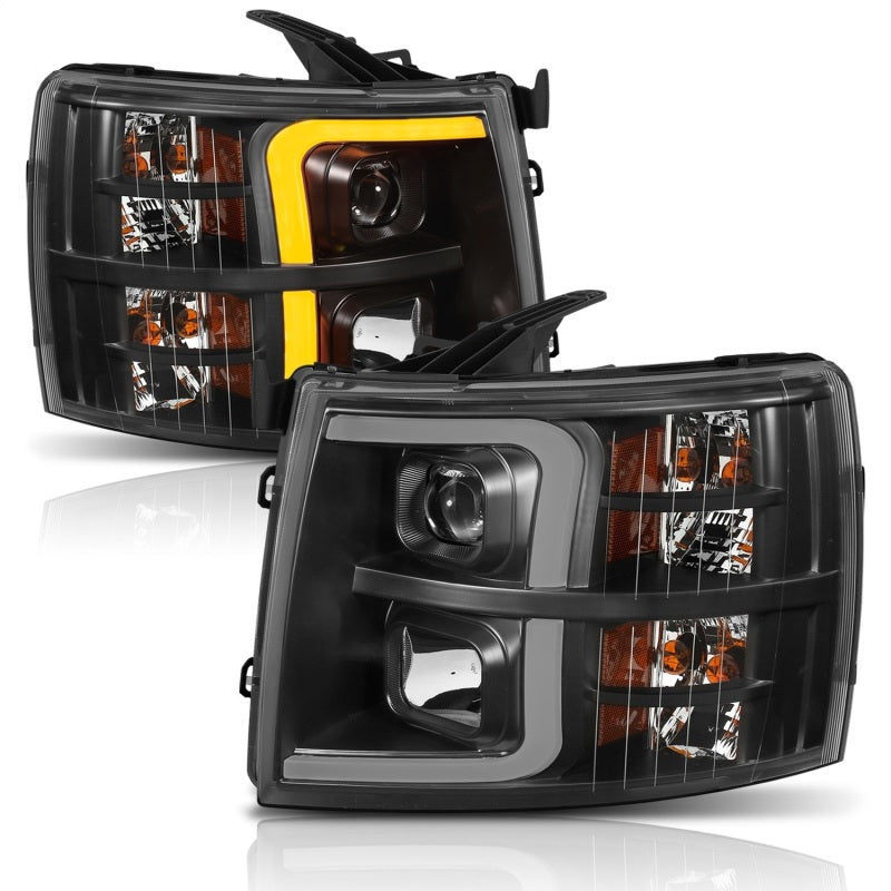ANZO 07-13 Chevrolet Silverado 1500 Plank Style Projector Headlights Black w/ Amber 111410