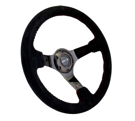 NRG Reinforced Steering Wheel (350mm / 3in. Deep) Blk Suede w/Red BBall Stitch & Black 3-Spoke RST-036BK-S
