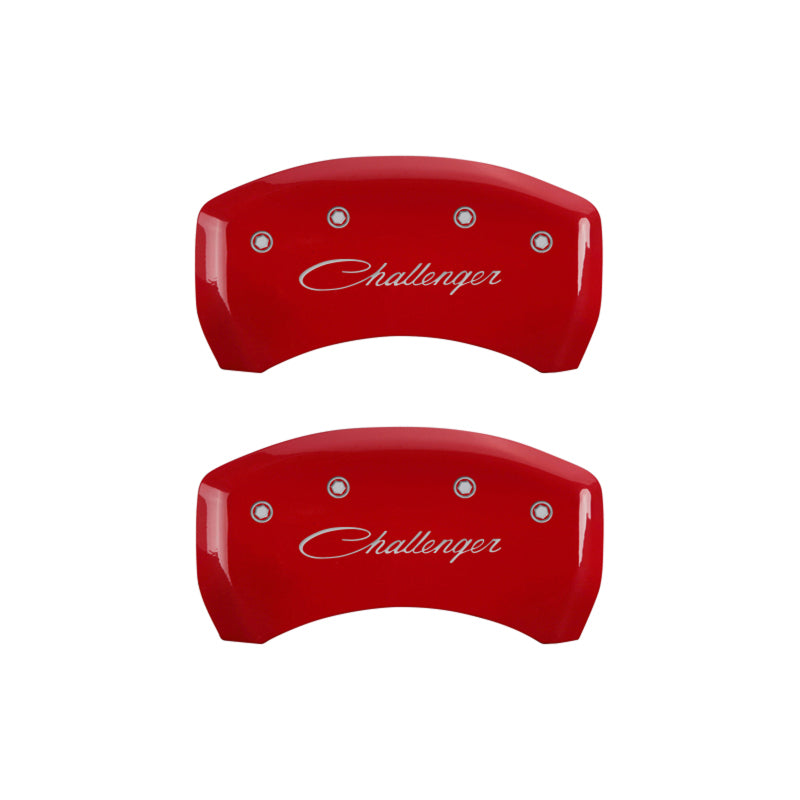 MGP 4 Caliper Covers Engraved Front & Rear Cursive/Challenger Red finish silver ch 12181SCLSRD