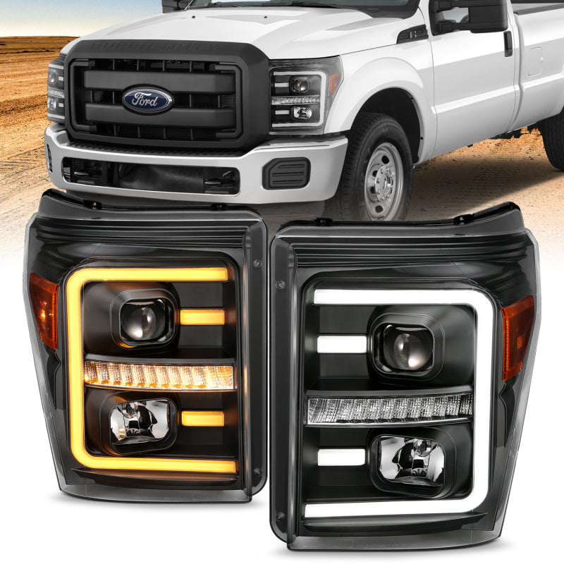 ANZO 2011-2016 Ford F250 Projector Headlights w/ Plank Style Switchback Black w/ Amber 111406