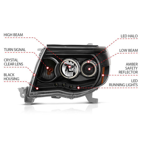 ANZO 2005-2011 Toyota Tacoma Projector Headlights w/ Halo Black 121282