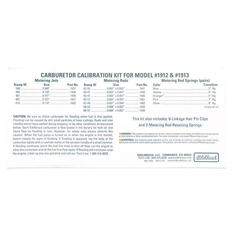 Edelbrock Calibration Kit for 1912 / 1913 1949