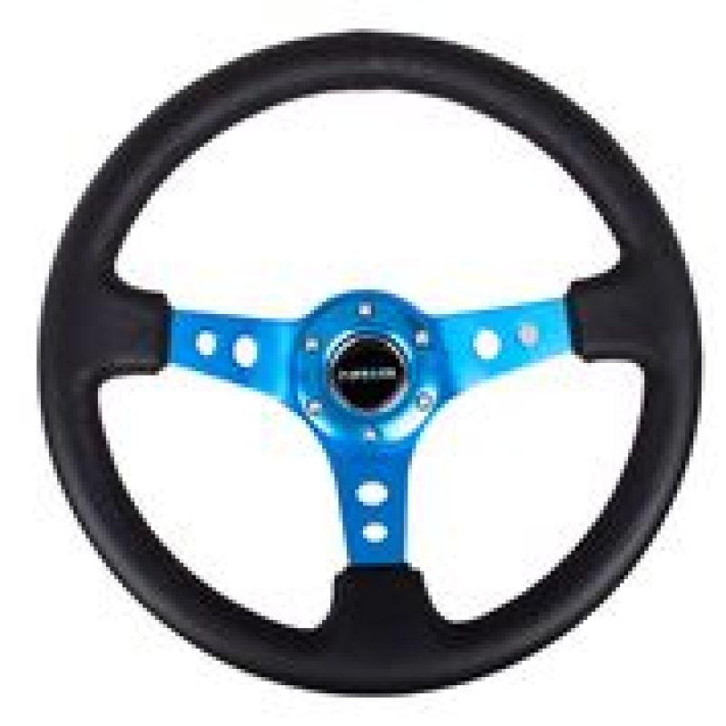 NRG Reinforced Steering Wheel (350mm / 3in. Deep) Blk Leather w/Blue Circle Cutout Spokes RST-006BL