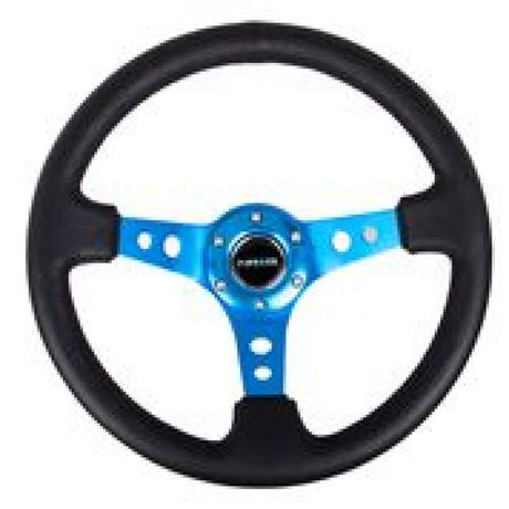 NRG Reinforced Steering Wheel (350mm / 3in. Deep) Blk Leather w/Blue Circle Cutout Spokes RST-006BL