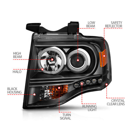 ANZO 2007-2014 Ford Expedition Projector Headlights w/ Halo Black 111113