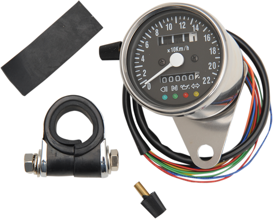 DRAG SPECIALTIES KPH Mini Mechanical Speedometer with LED Indicators - Black Face - 2:1 Ratio - 2.4" ACT 220KM/H SPEEDO 21-6818LEDPB